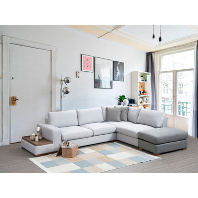 Stylish Corner Sofa Set with Pouf & Cushions, Grey & Light Grey | 100% Polyester Fabric, Beech Wood Frame & Walnut Legs | Sofa Dimensions: 97.2 x 121.2 x 33.5 in | Includes 2 Dry-Cleanable Cushions 18 x 18 in | Perfect for Modern Living Rooms