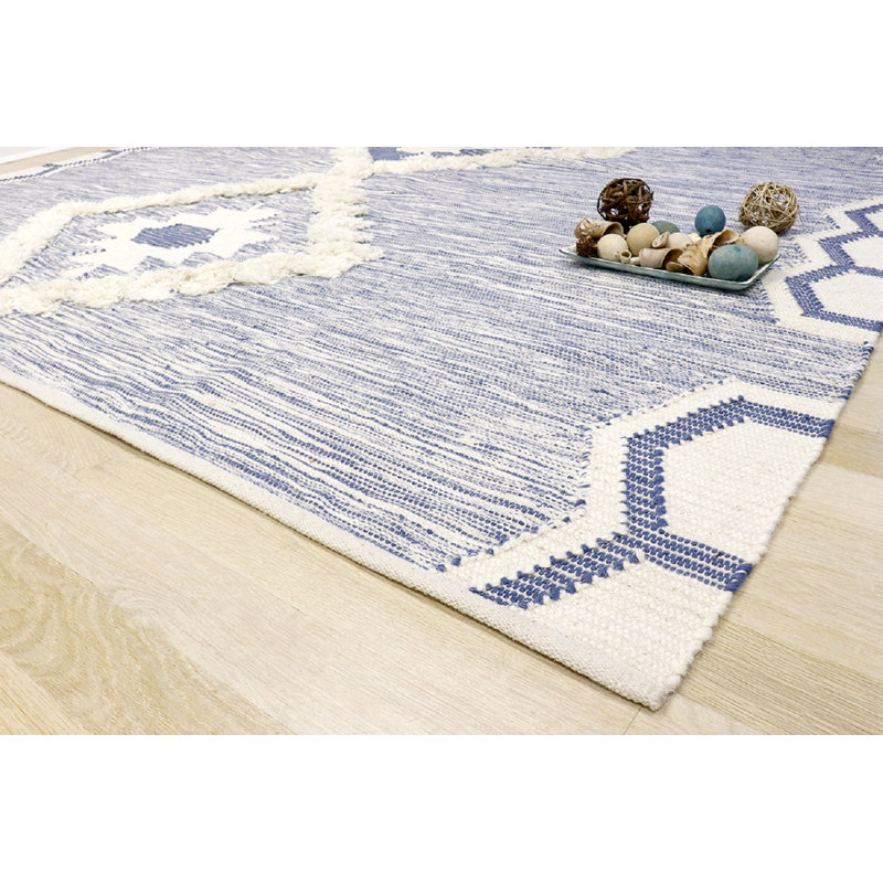 Tapis ivoire / bleu en laine noué à la main Santa Fe, Rectangle 8' x 10'