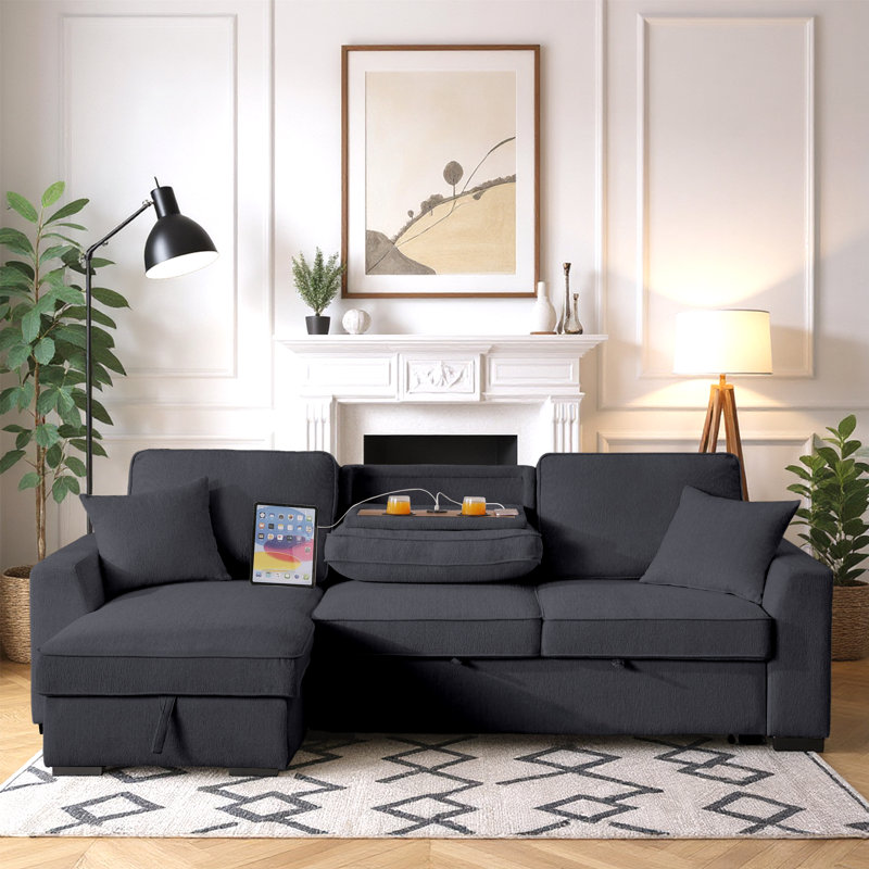 90.5" Wide Convertible Sectional Sofa Bed Chenille L-Shape Sleeper Couch with Flip-up Cup Holders & USB Ports & Storage Chaise for Living Room