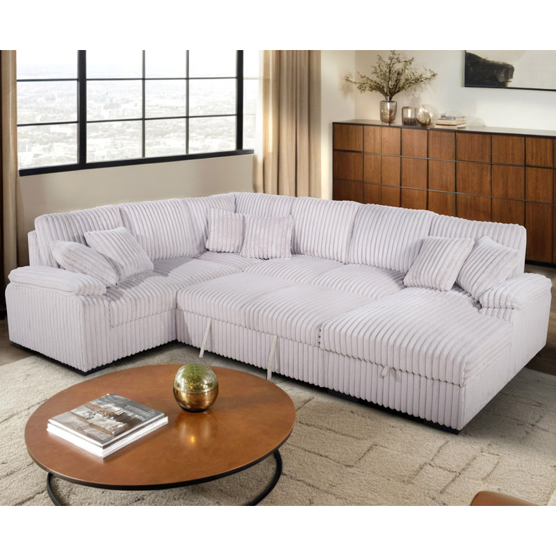 Corduroy U-Shape Sectional With Pull Out Bed & Storage Chaise + 6 Pillows, Beige Corduroy, Right Hand Facing