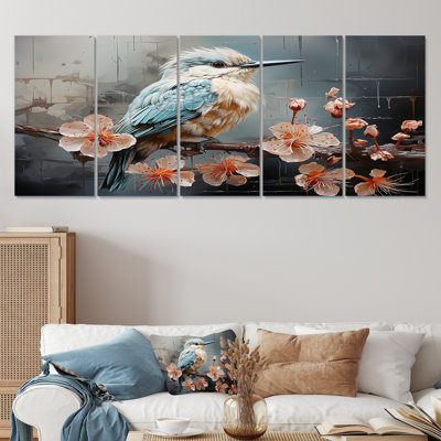 «Blue Floral Dancing Hummingbird - Hummingbird», art mural 5 pièces