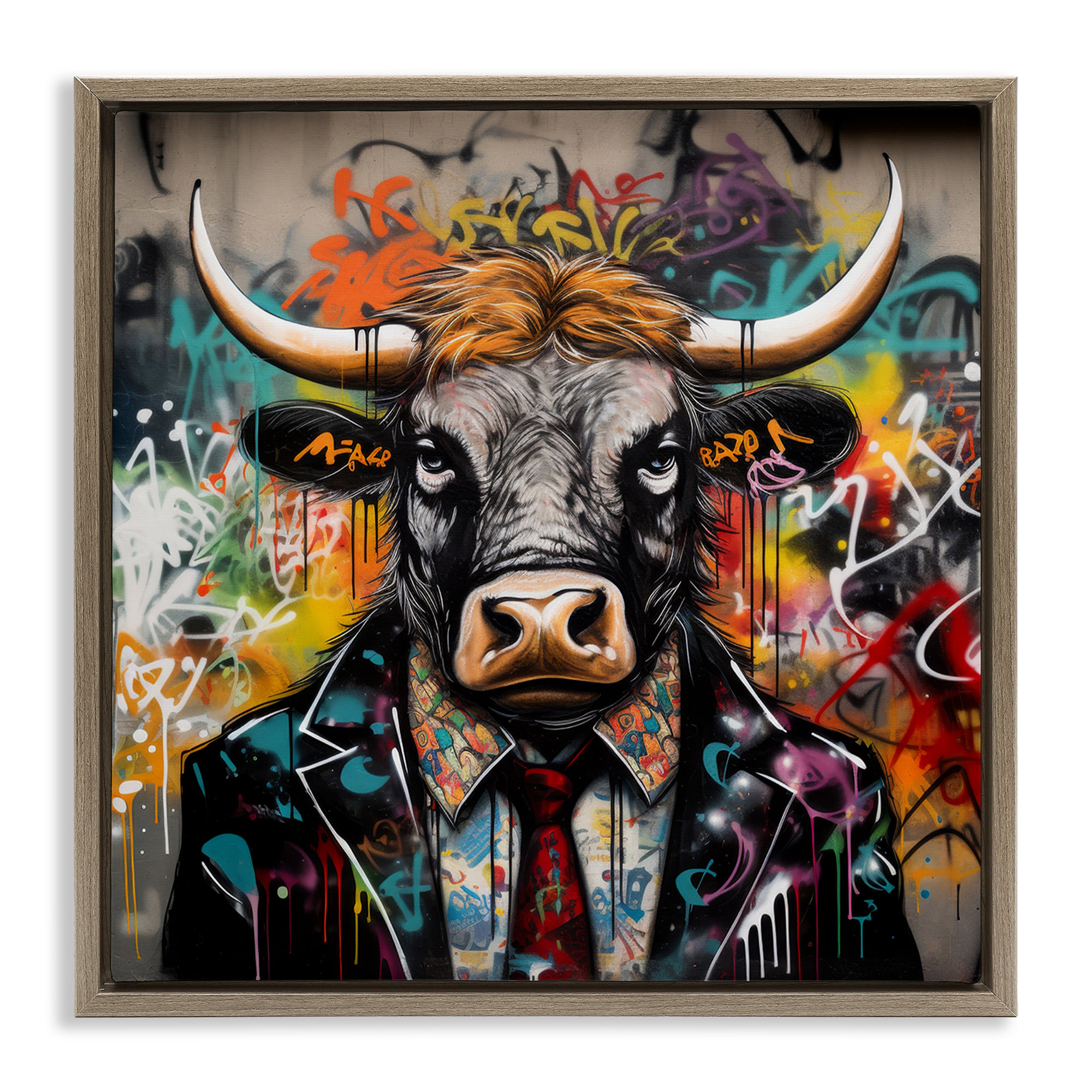 Trinx Urban Graffiti Bull Black Framed Floater Canvas Wall Art by Lazar ...
