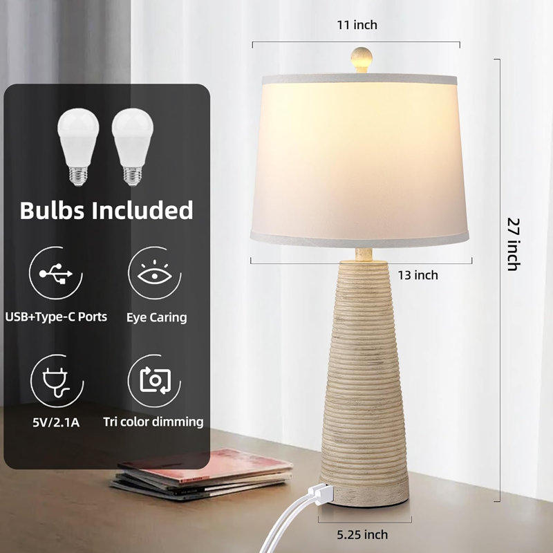 Ensemble de 2 lampes de chevet avec table de chevet, lampe de table de ferme rustique rétro, 3 lumières à intensité variable, port USB (avec or, haut 27 pouces)
