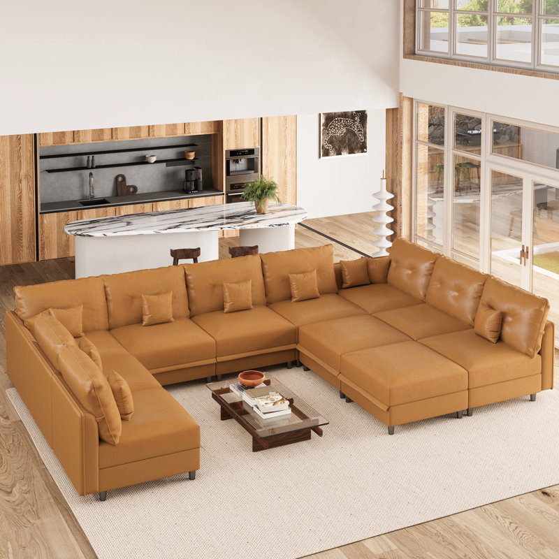 Canapé modulaire faisant face à droite avec repose-pieds Edorta, Brown Faux Leather