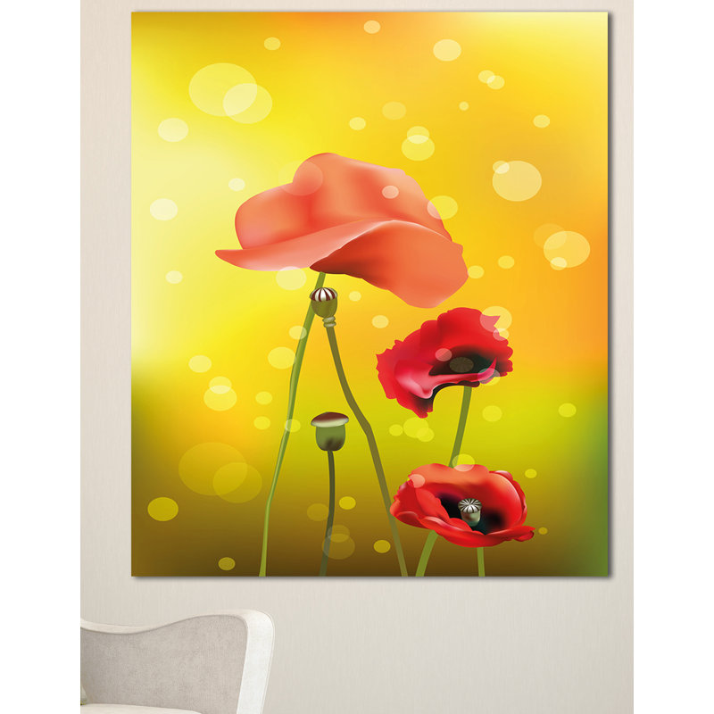 « red florals on yellow background », impression sur toile tendue, H 40 po x l 30 po x P 1 po