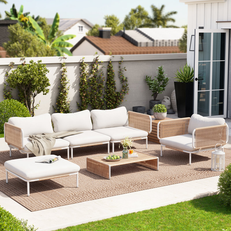  Canapé modulaire de patio pour 5 personnes avec coussins Imir, Coussin beige / structure naturelle
