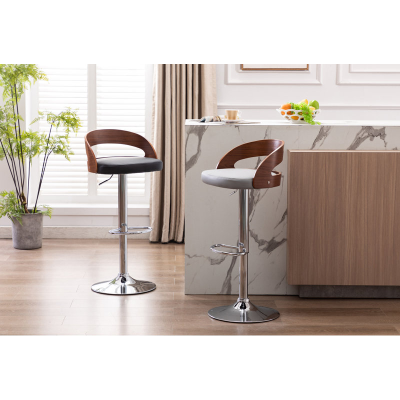 Shane Height Adjustable Swivel Faux Leather Mid-Century Bar Stool, Grey