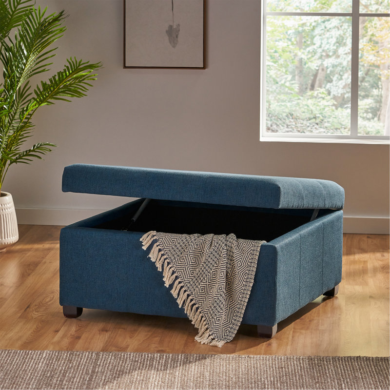 Repose-pieds carré capitonné avec rangement de 35 po Jamil, Mélange de polyester bleu marine
