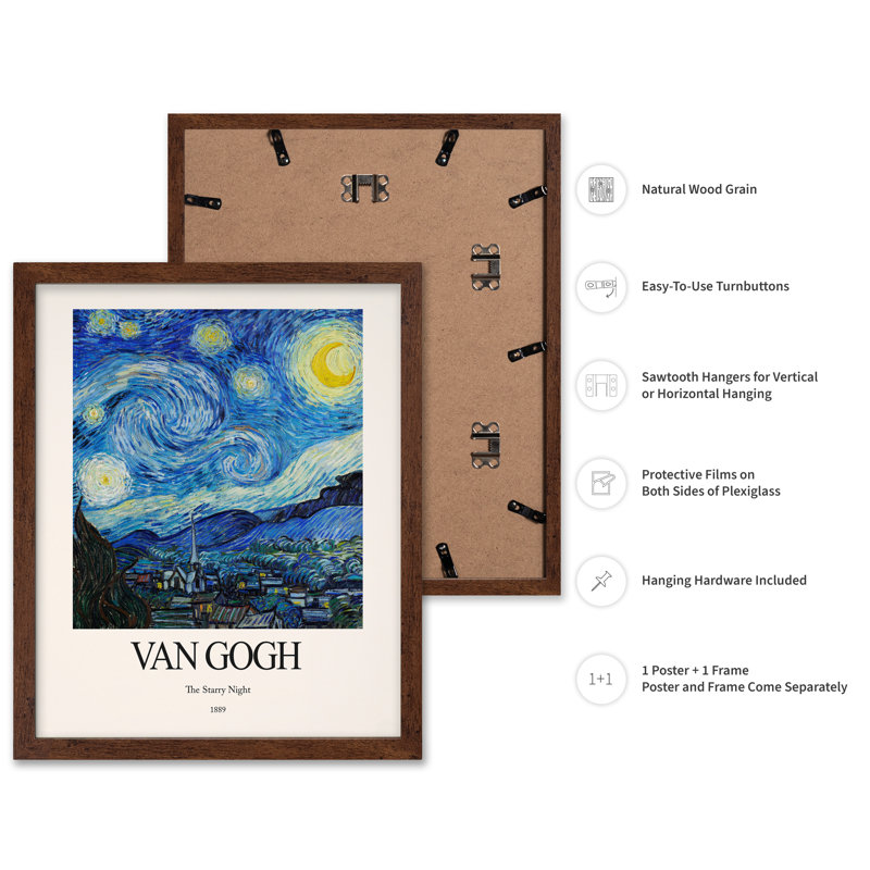 Van Gogh - The Starry Night No1, Poster, Brown Framed, 11"H x 14"W