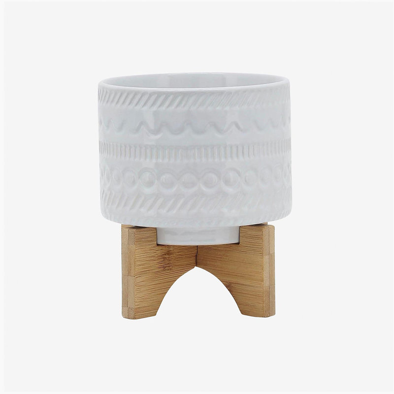 5" TRIBAL PLANTER W/ WOOD STAND, WHITE