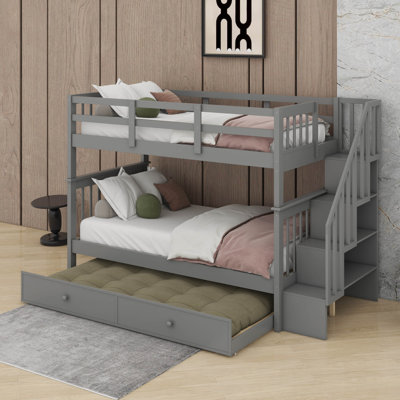 Stairway Twin-Over-Twin Bunk Bed With Twin Size Trundle For Bedroom, Dorm, Adults