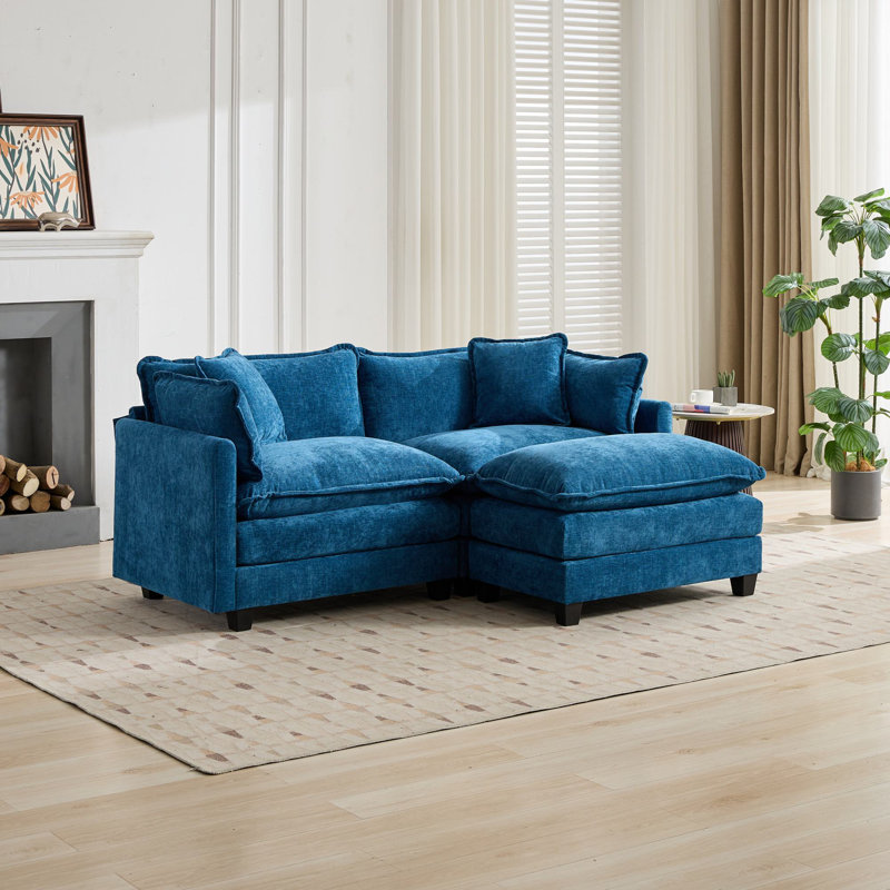 Causeuse modulaire Cloud Canapé modulaire, tissu en chenille respirant, coussins rembourrés à double couche à haute résilience, causeuse confortable en forme de nuage pour salon, chambre à coucher, appartement (bleu, repose-pieds non inclus)