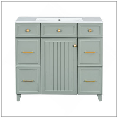Meuble-lavabo moderne 36 po avec lavabo en céramique, structure en bois massif, portes à fermeture douce, tablettes réglables, 3 tiroirs, y compris un tiroir à double profondeur pour le rangement du sèche-cheveux