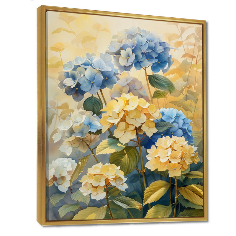 Impression d'art mural bleu et jaune, H 30 po x l 40 po, Cadre flottant doré