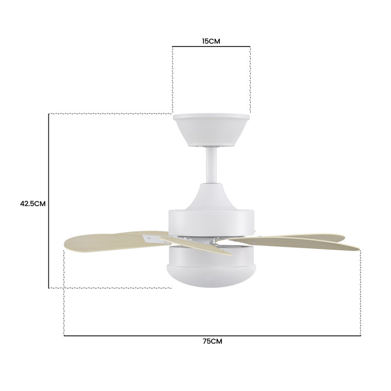 Alisha-Ann 75cm Ceiling Fan with Light Kit, White with Wood Blades