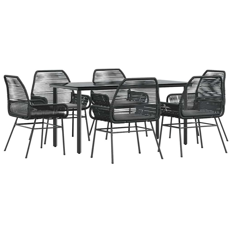 Ensemble repas de patio avec coussins en verre et poly rotin, Noir / Noir, H 29,1 po x l 31,5 po x L 63 po, 6