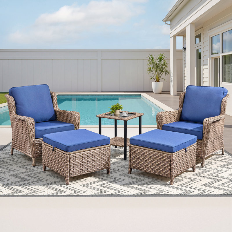 Ensemble de chaises longues d'extérieur 5 pièces avec table d'appoint et repose-pieds, chaises longues de patio pour porche ou terrasse