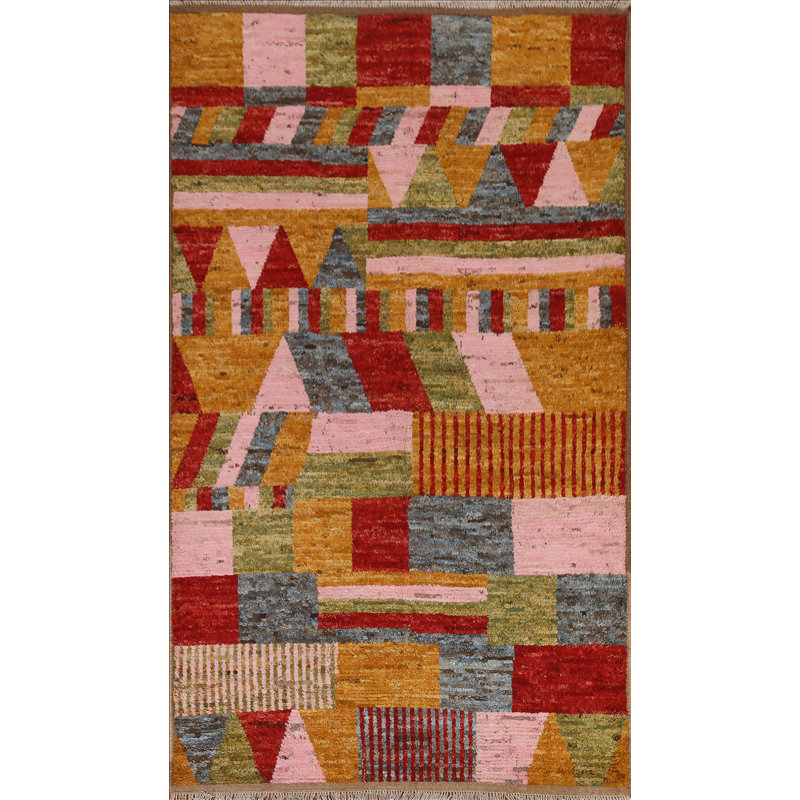 Tapis rouge en laine noué à la main de conception unique 5 pi 11 po x 8 pi 10 po New Age
