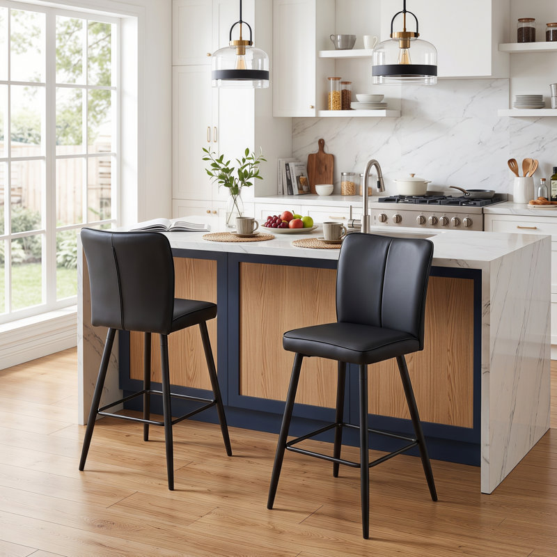 Tabouret de bar moderne en similicuir 24 po avec structure en métal, Noir, Noir