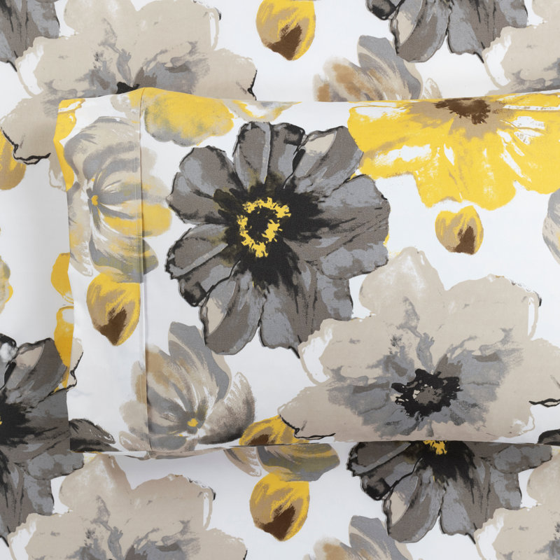 Queen Yellow and Gray Floral Microfiber Sheet Set