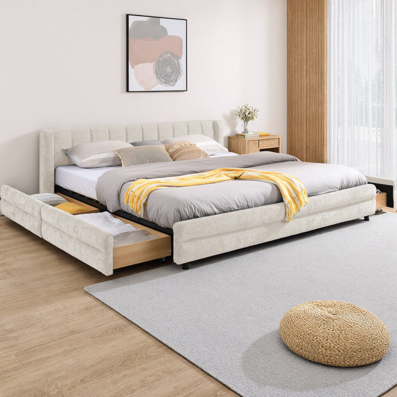 Storage Upholstered Platform Bed, Beige, Queen