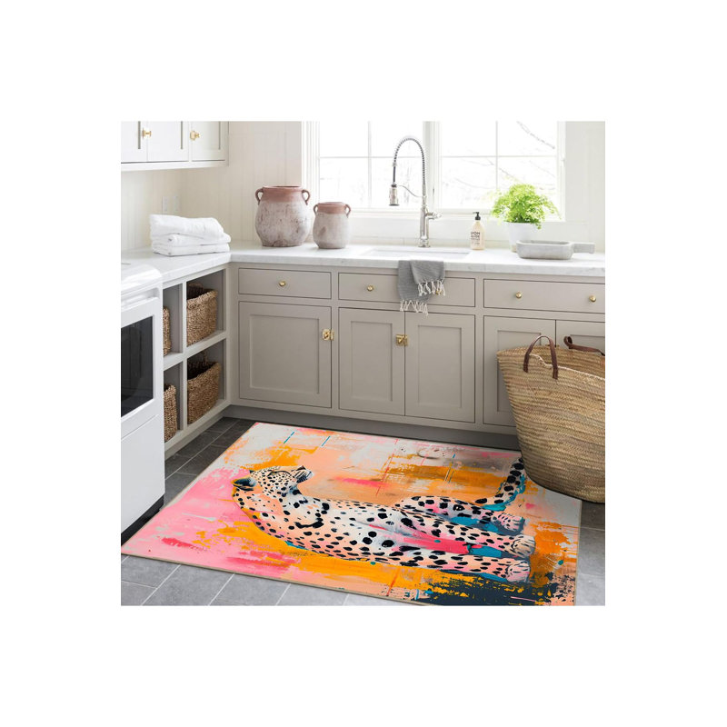 Tapis décoratif tissé multicolore à motif léopard lavable à la machine, Sous-tapis rectangulaire de 3 pi 3 po x 4 pi 11 po