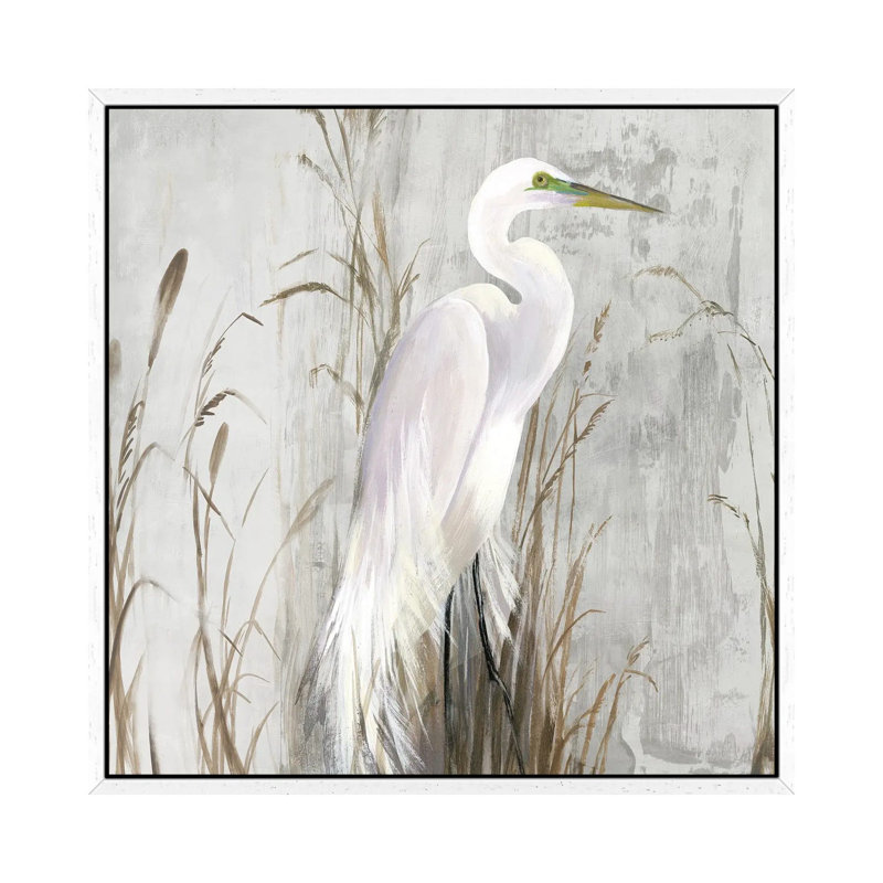 Heron In The Reeds by Aimee Wilson - Painting on Canvas, White Framed, 45.72 cm H x 45.72 cm W