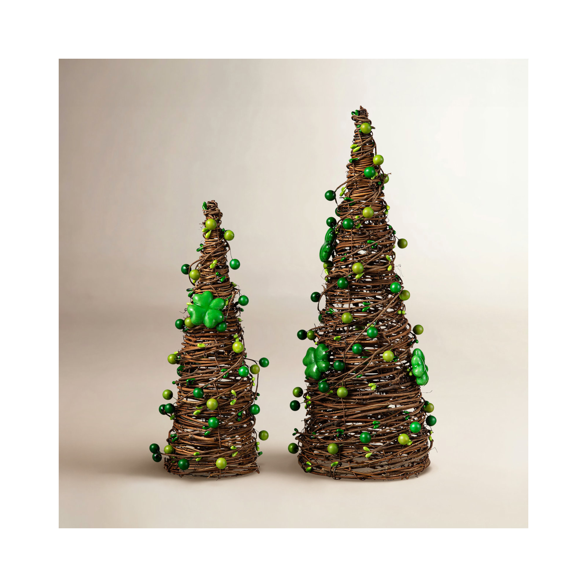 16"H Set Of 2 St. Patrick's Rattan Shamrock And Berries Table Tree