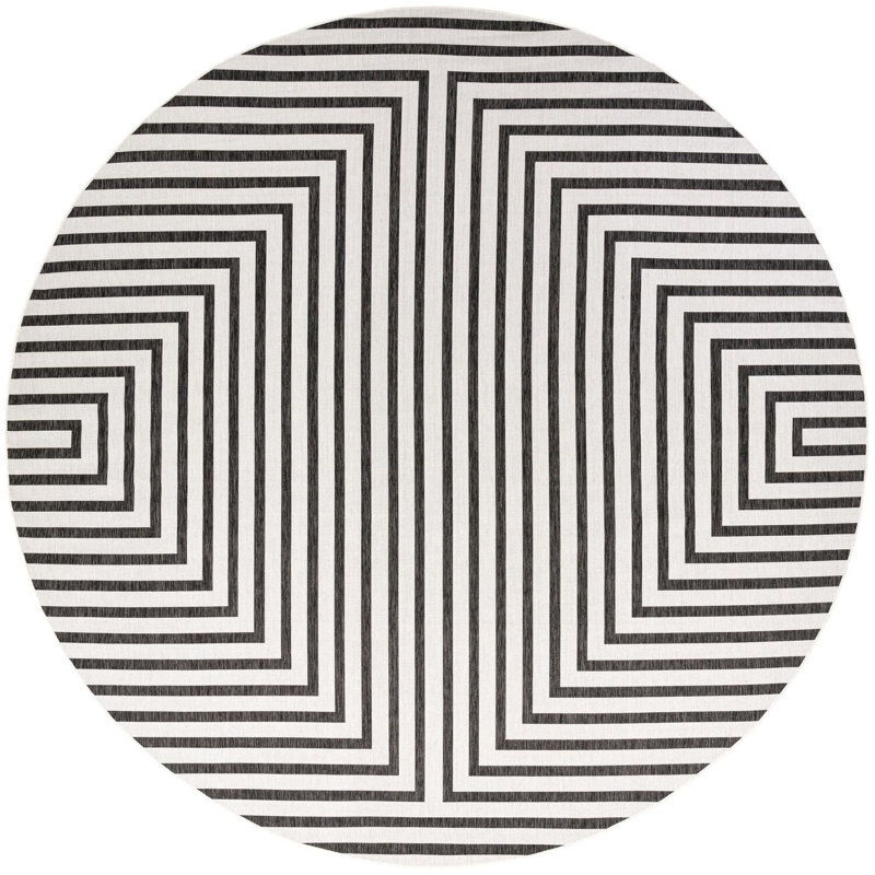 Tapis contemporain de couleur blanche et noire Odawa, Rond 13 pi 1 po