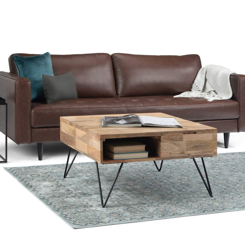 Hunter 32"W Solid Mango Wood and Metal Industrial Square Lift Top Coffee Table with Hidden Storage and Dual Lift Tops