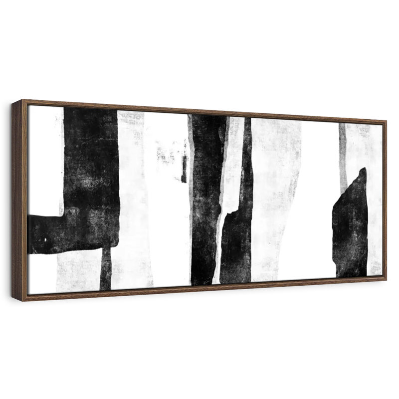 Blanc à noir abstrait II, 31 po x 11 po, Cadre flottant noyer