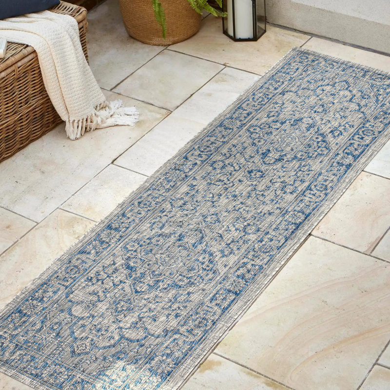 Tapis d'intérieur / extérieur gris / bleu marine Nate Boho, Tapis de couloir 2 pi 2 po x 10 pi