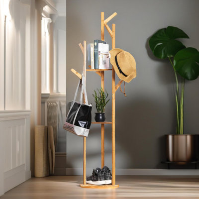 Natural Bamboo 9 Hook Coat Stand Freestanding Coat Rack Hat Stand Umbrella Holder Entryway Hallway