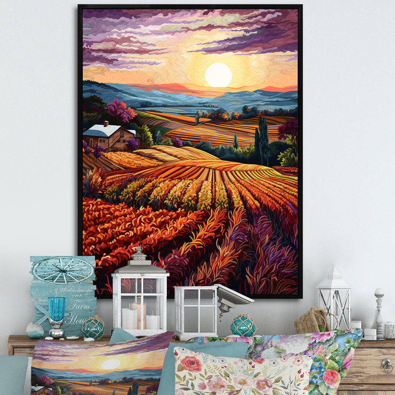 «Vineyard Sunset II», reproduction sur toile, Cadre flottant noir, 44" H x 34" W
