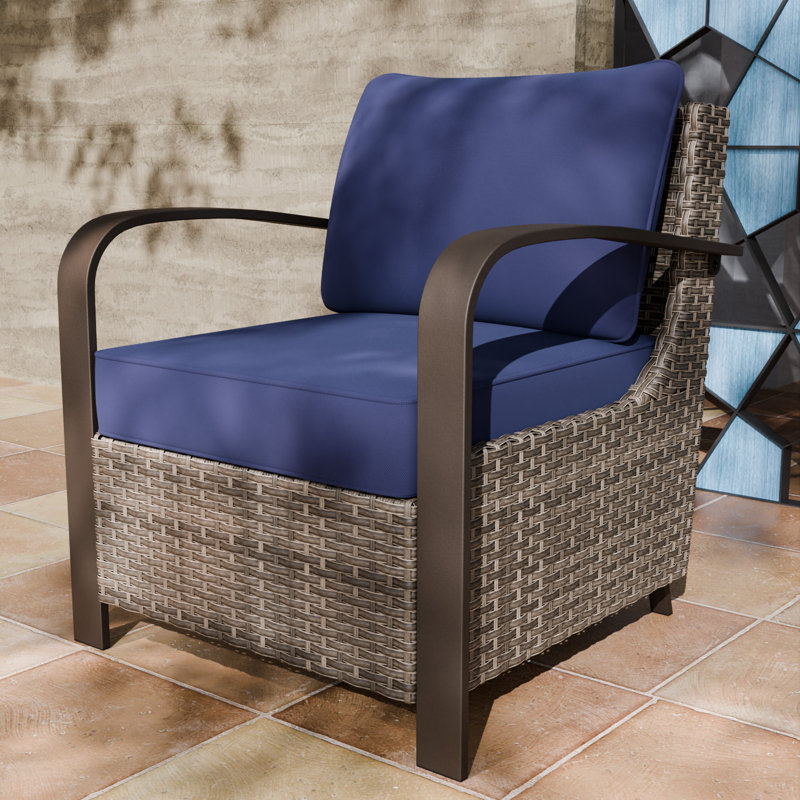 Blue Cushioned Brown Steel Wicker Lounge Chair