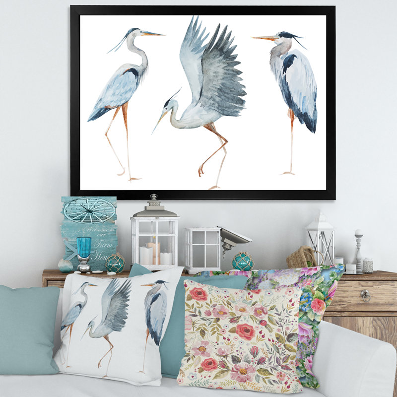 Heron oiseaux II - peinture sur toile encadrée, H 30 po x l 40 po x 1,5 po, Cadre noir