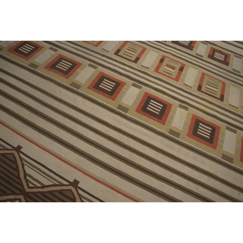 Earth Tone Vintage Mid Century Modern Geometric Flat Weave Cotton Dhurrie Rug