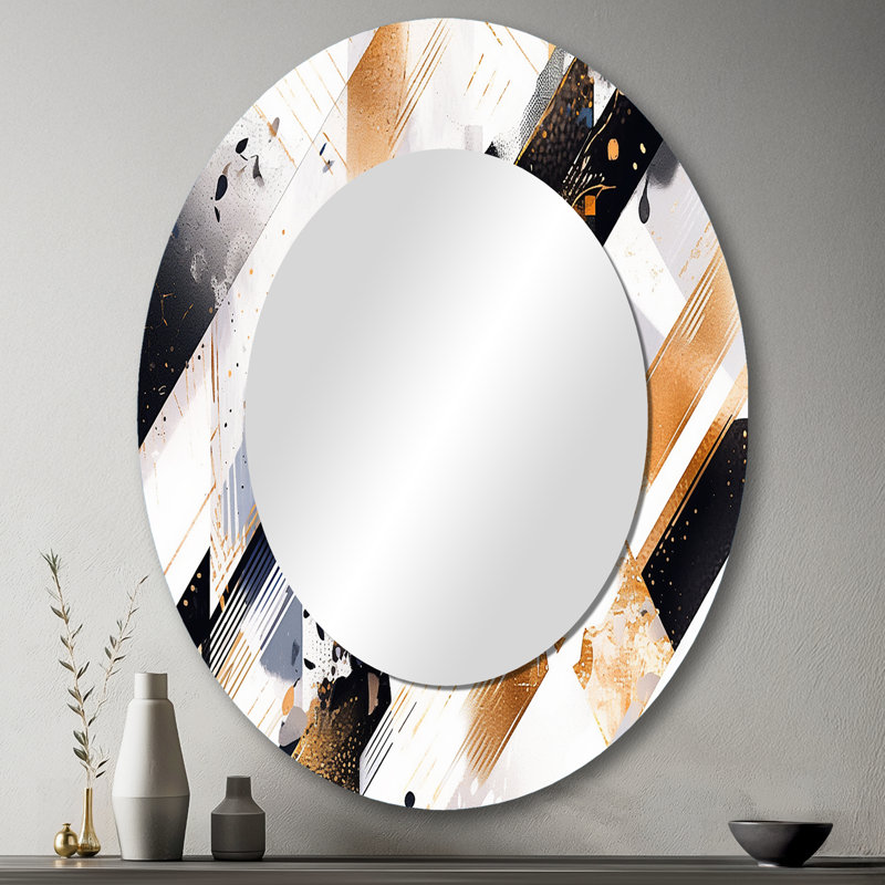 Or noir symétrique Sripes I - grand miroir mural ovale sur métal, 43 po x 33 po