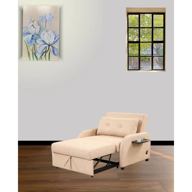 Pull Out Sofa Sleeper 3 In 1 With 2Wing Table And Usb Charge For Living Room, Recreation Room,, Beige