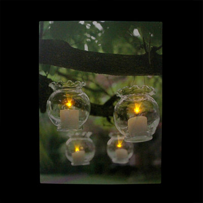 LED Lighted Flickering Garden Party Hanging Glass Candles Canvas Wall Art 15.75" x 12"