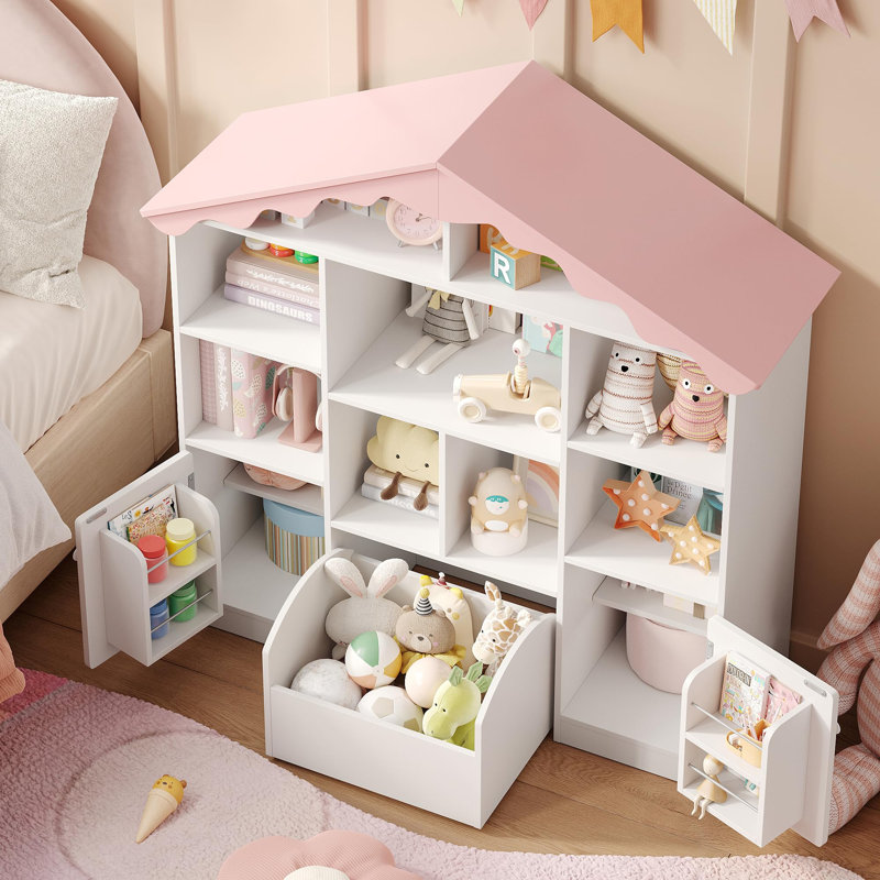 Bibliothèque pour enfants en forme de maison de 109 cm (42,9 po) avec toit rose ondulé