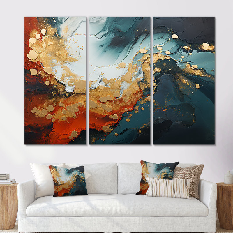 Tempête de marbre bleu et doré IV - art mural abstrait, H 28 po x l 36 po x P 1 po, Toile tendue