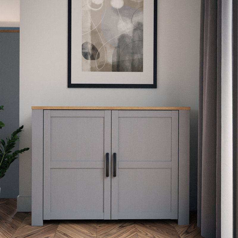 Farmhouse style cupboard with 2 doors, living room, bedroom, engineered wood, grey/warm oak decor, 116.4 cm W x 87 cm H x 42 cm D