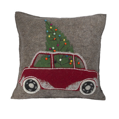 Hand Felted Wool Christmas Pillow - Car with Tree on Gray - 20"