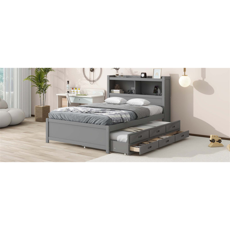 Lit plateforme avec couchette, tiroirs et prises USB pour un rangement et une commodité améliorés, gris, Gris