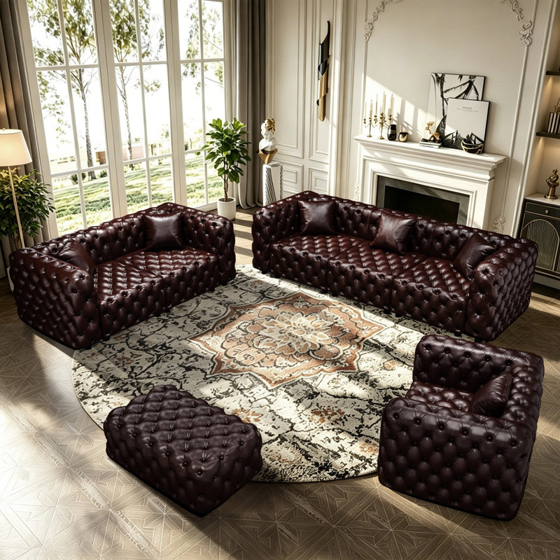Ensemble de salon modulaire 4 pièces, canapé en similicuir avec canapé, causeuse, fauteuil et repose-pieds Ecoliving, Brun