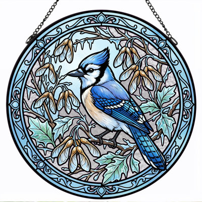 Blue Jay Stained Glass Window Panel，7.8H