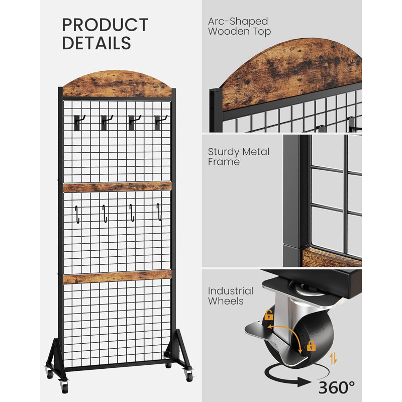 Movable Gridwall Display Stand, Sturdy Floorstanding Wire Grid Rack, Rustic Brown And Black