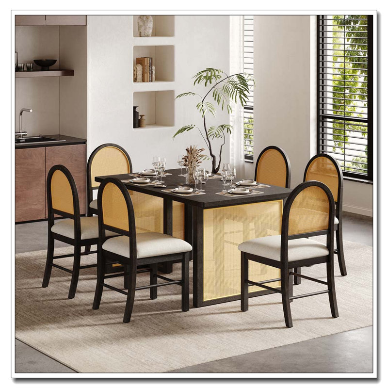 Ensemble de salle à manger de ferme 7 pièces avec chaises en rotin et placage de chêne vieilli (espresso), Espresso