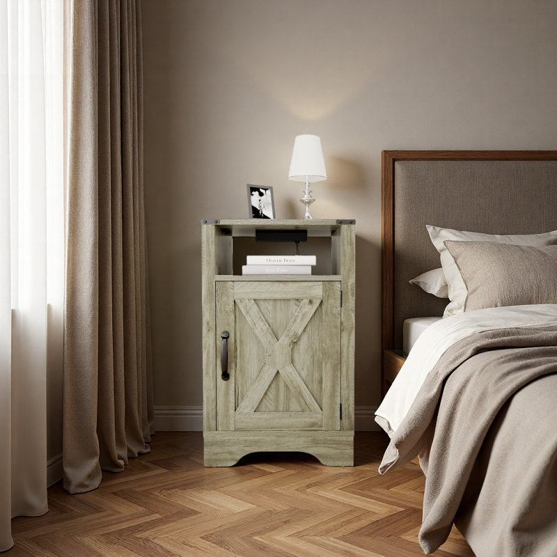 Table de chevet Farmhouse, table de bout rustique en bois, grande table de chevet avec prises de courant, Gris clair